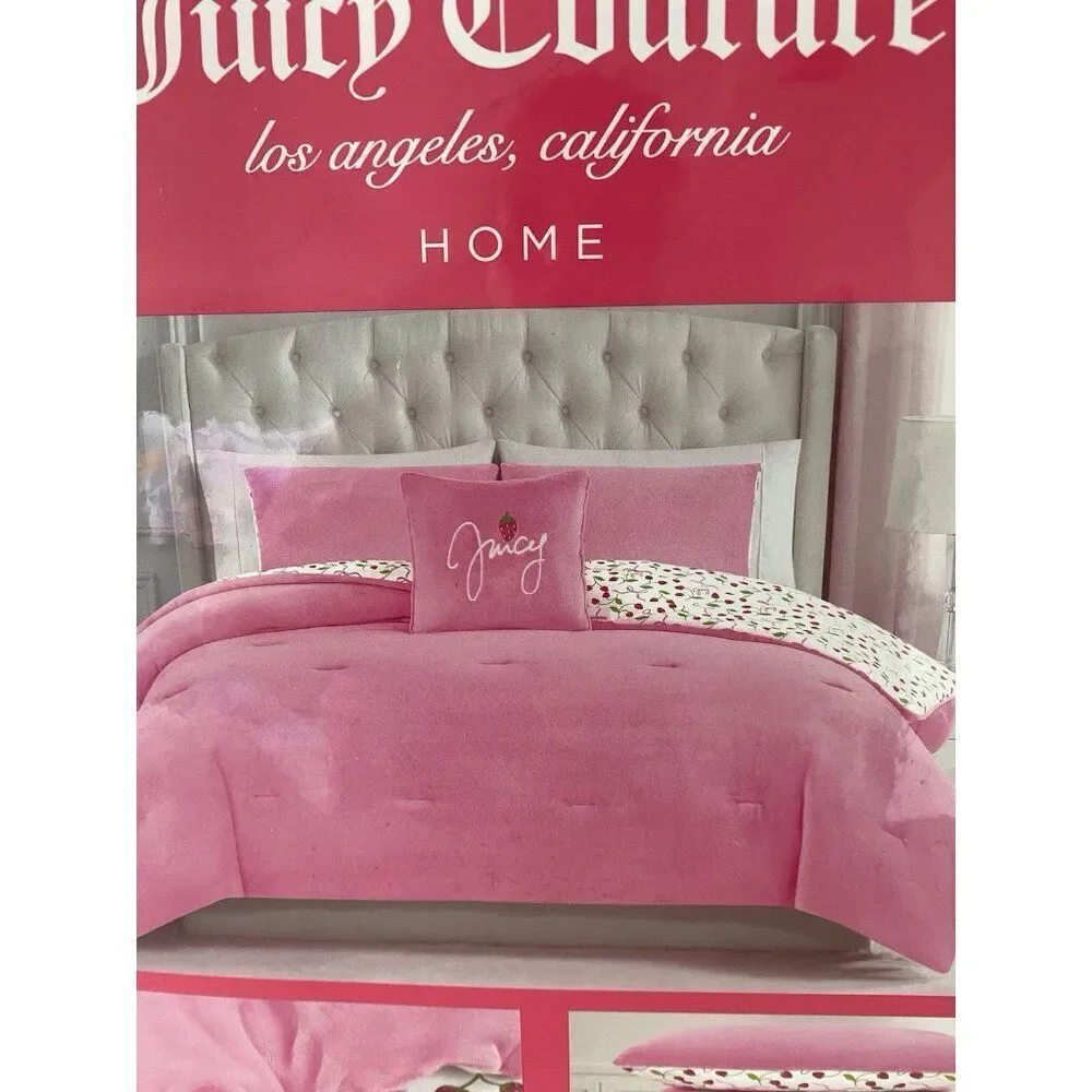4 Pc Juicy Couture QUEEN Reversible Comforter Set Plush Pink Strawberries & Bows